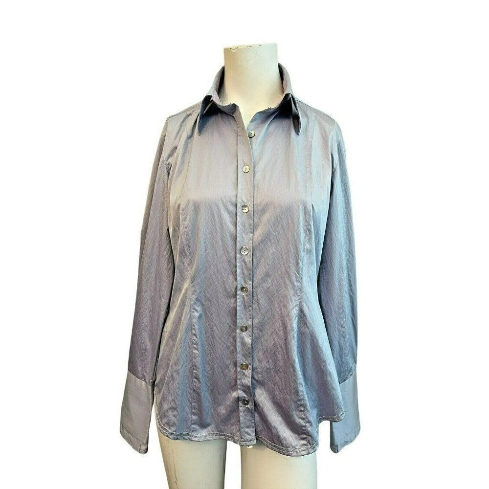 Womens Small Satin Light Blue Blouse Ruffle Sleeve Shiny Georg Roth Los Angeles